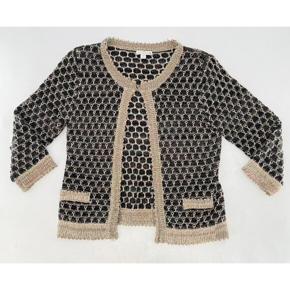 Roz & Ali Women’s Knit 3/4 Sleeve Metallic Weave Cardigan Sweater Sz M Preppy - Picture 1 of 9